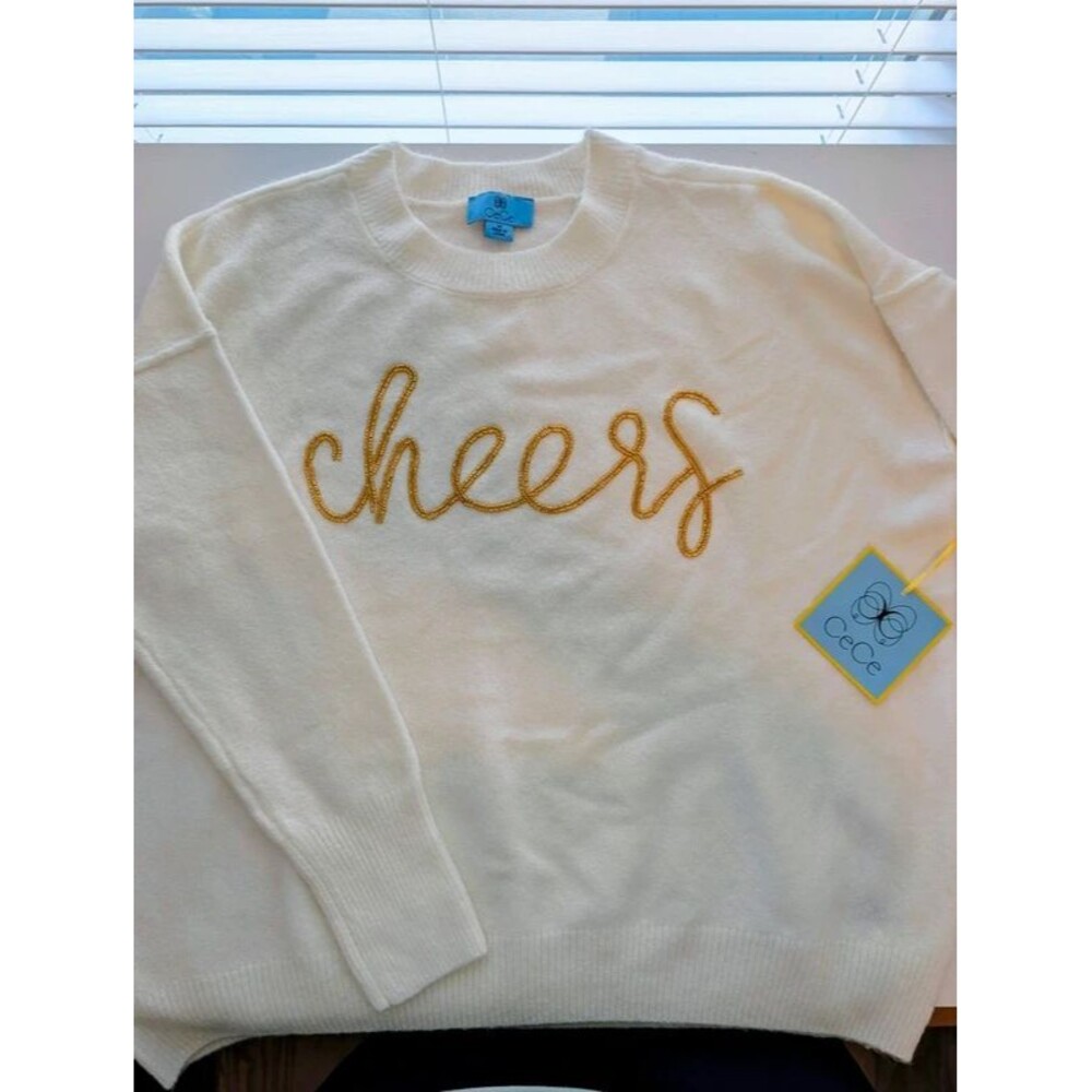 CeCe Cheers Beaded Script Holiday Sweater Ivory Gold Medium